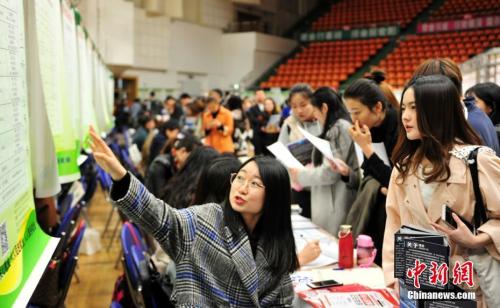 4月11日,沈阳师范大学2019届毕业生春季大型就业双选会在该校星晔会堂举办。 <a target='_blank' data-cke-saved-href='http://www.chinanews.com/' href='http://www.chinanews.com/'>中新社</a>记者 于海洋 摄 4月11日,沈阳师范大学2019届毕业生春季大型就业双选会在该校星晔会堂举办。 <a target='_blank' data-cke-saved-href='http://www.chinanews.com/' href='http://www.chinanews.com/'>中新社</a>记者 于海洋 摄